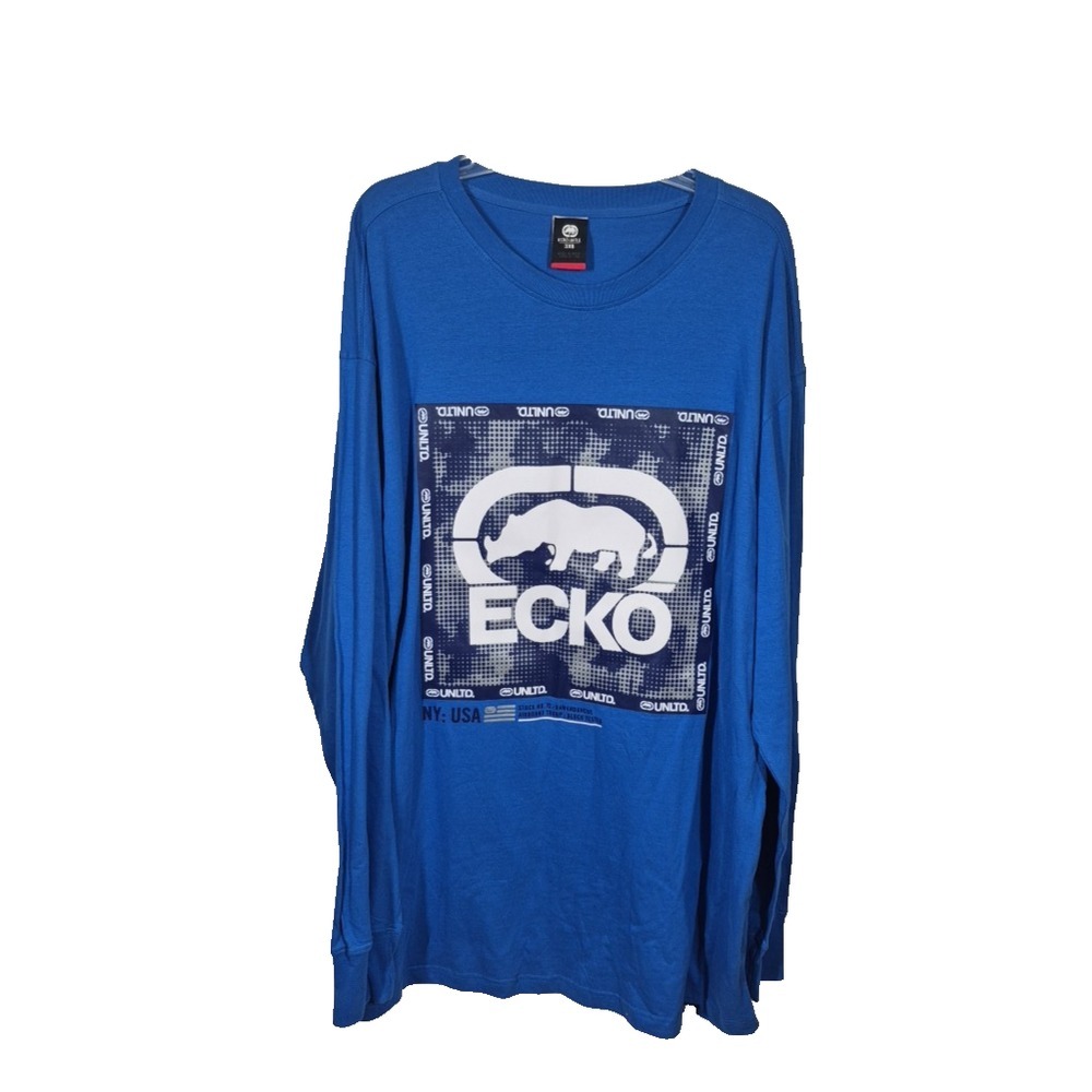 Ecko T-Shirt Mens 3XB Blue Large Graphic Long‎ Sleeve Pullover Streetwear NWOT
